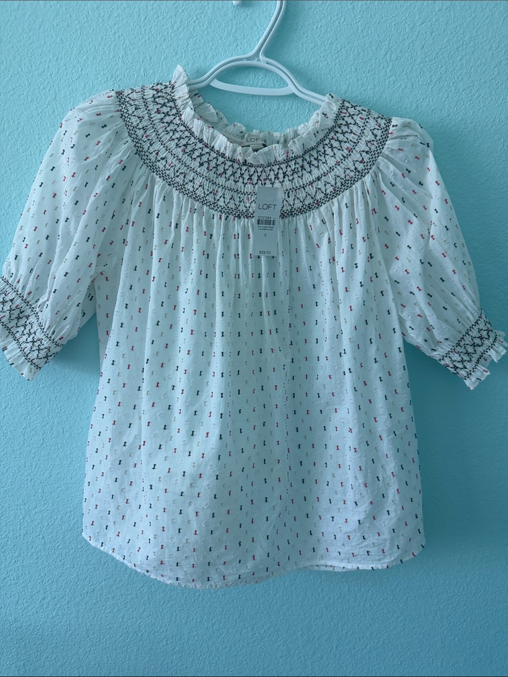 Boho LOFT White Swiss Dot Smocked Top Blouse Embroidered Pleated Size S NWT